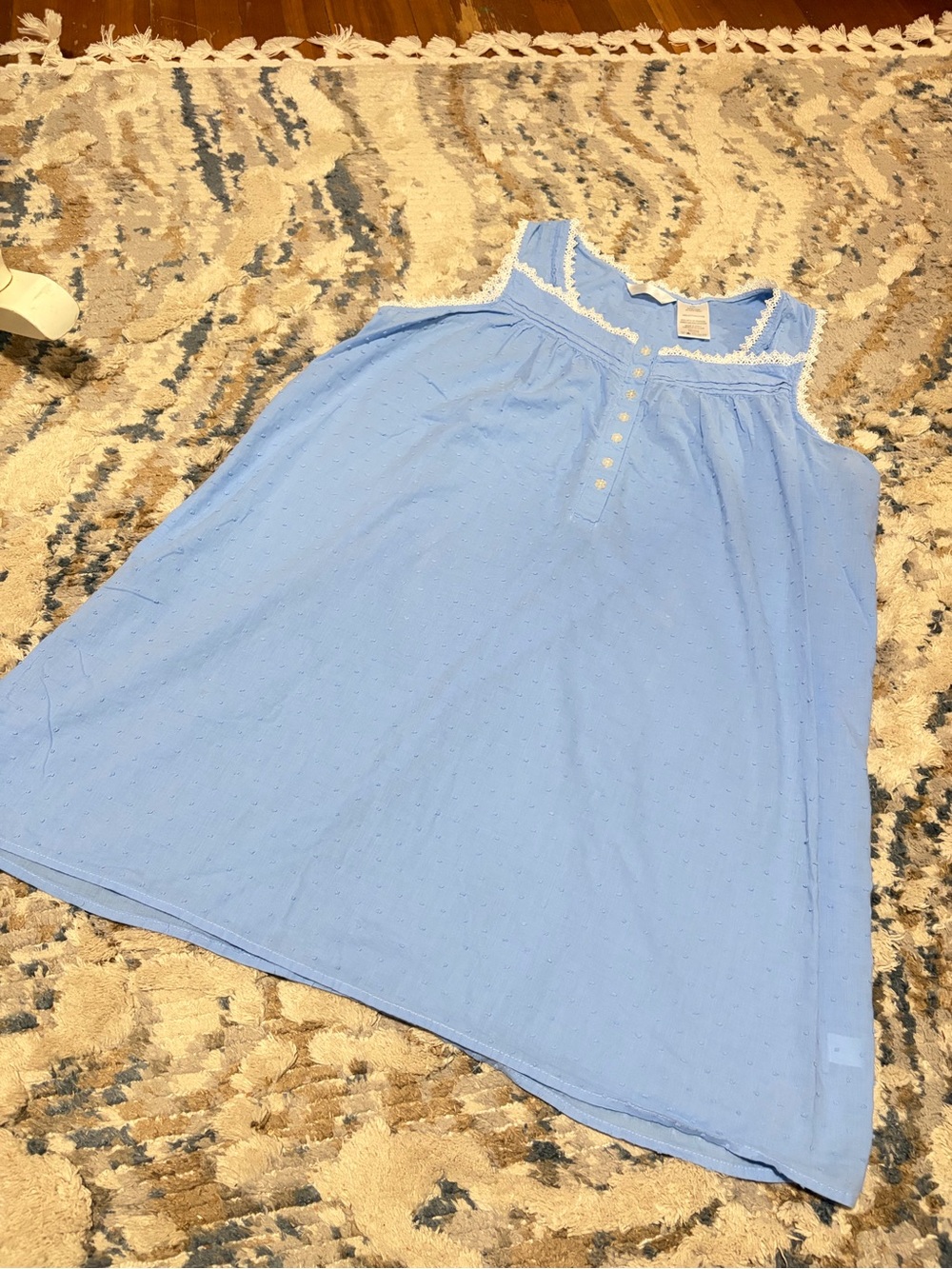 Sleeveless Light Blue Swiss Dot Nightdress with Lace Trim